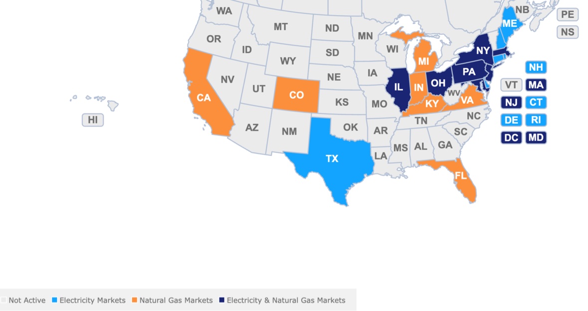 Map of US electricity and natural gas markets served by American Ridge Energy